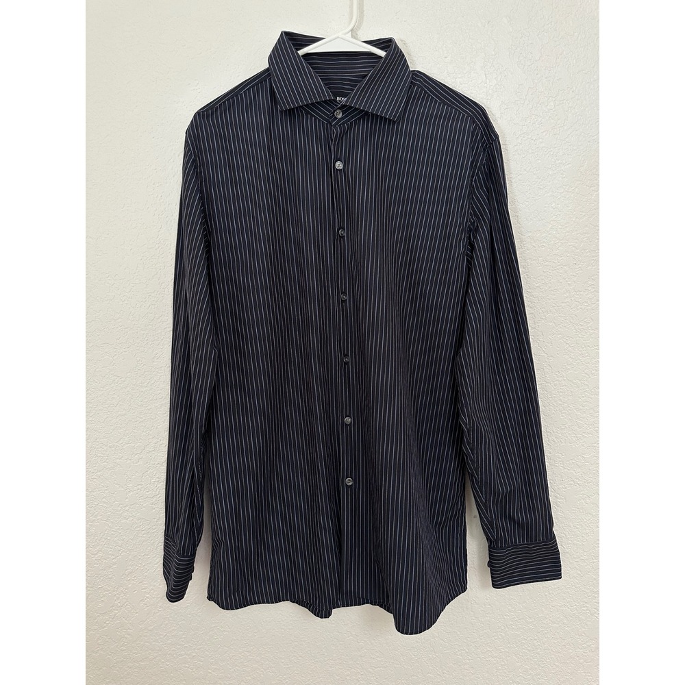 Hugo Boss Seabert US Sharp Fit Dress Shirt Navy Blue Pinstripe 16.5 34/35 Mens
